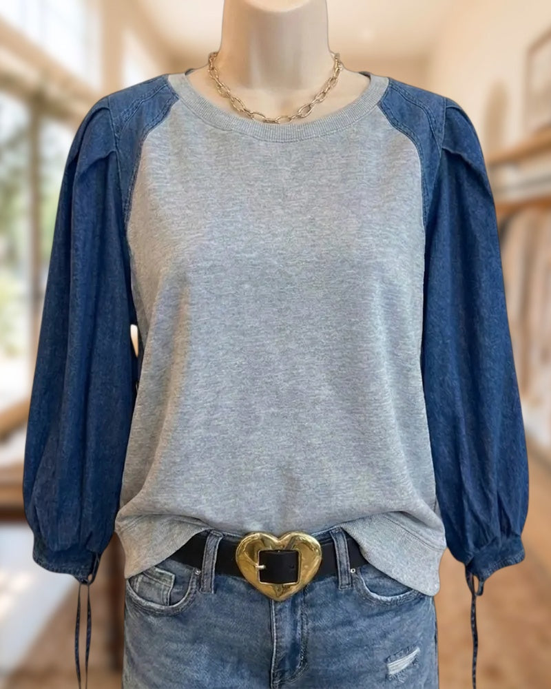 Color Block Contrast Puff Sleeve Drawstring Cuff Crew Neck Sweatshirt