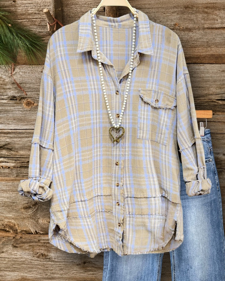 Plaid Patch Pocket Boyish Button Down Frayed Shirt