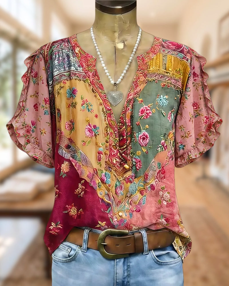 Floral Print Rocking Ruffle Sleeve Blouse