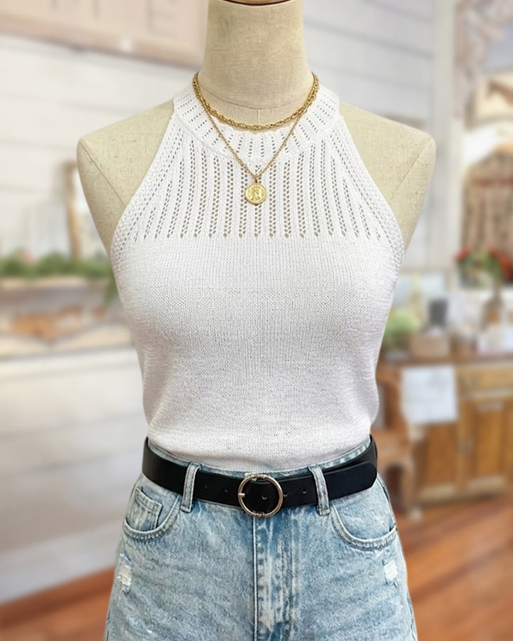 Halter Neck Pointelle Knit Sleeveless Casual Tank Top