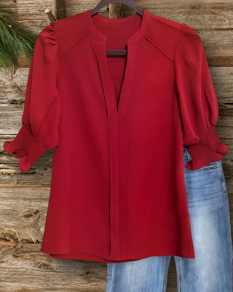 Solid Color V Neck Puff Sleeve Simple Blouse