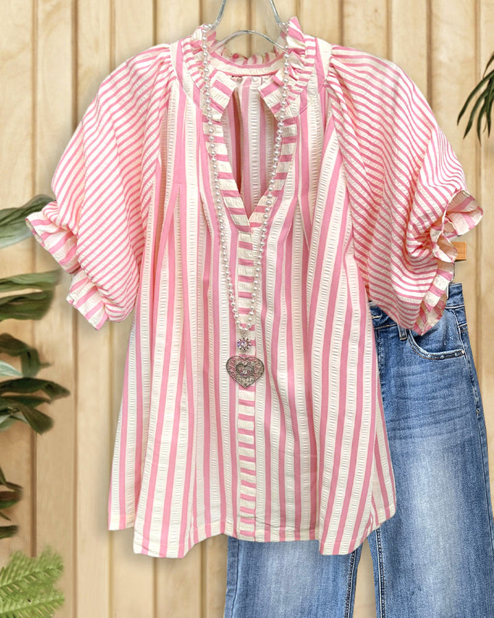 Striped Patchwork V Neck Puff Sleeve Versatile Blouse