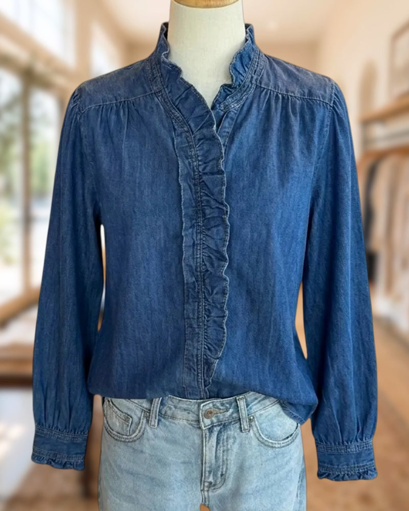 Ruffled Trim Stand Collar Long Sleeve Denim Blouse
