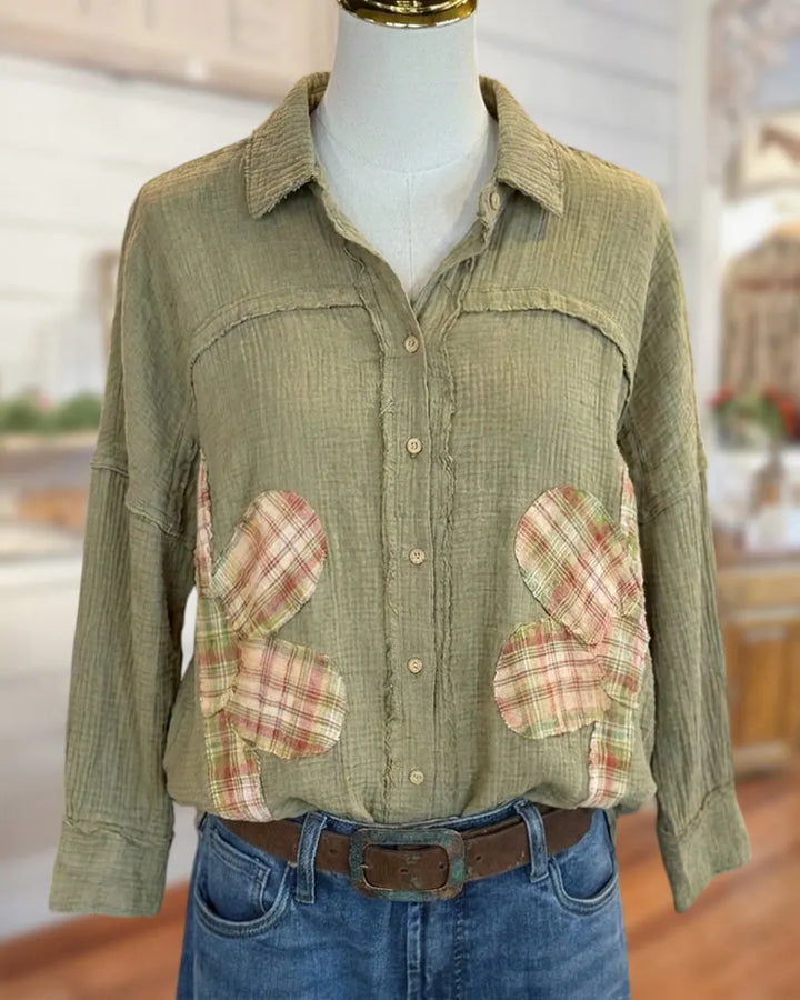 Plaid Patch Button Down Collared Long Sleeve Casual Shirt