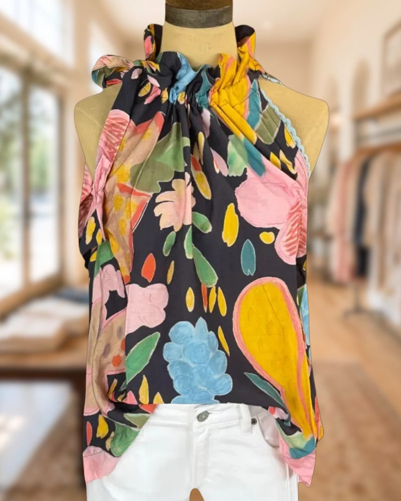 Halter Neck Floral Print Sleeveless Casual Blouse