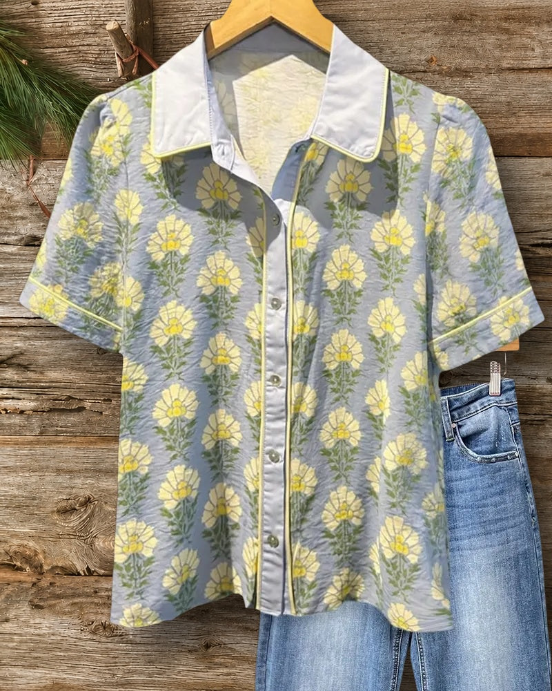 Collared Button Front Floral Print Short Sleeve Casual Shirt