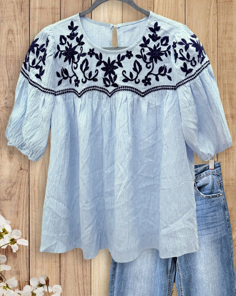 Floral Embroidered Puff Sleeve Round Neck Casual Blouse