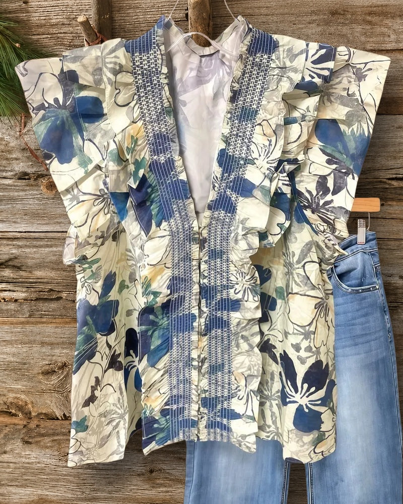 Floral Print Smocked Ruffles Glamorous V Neck Blouse