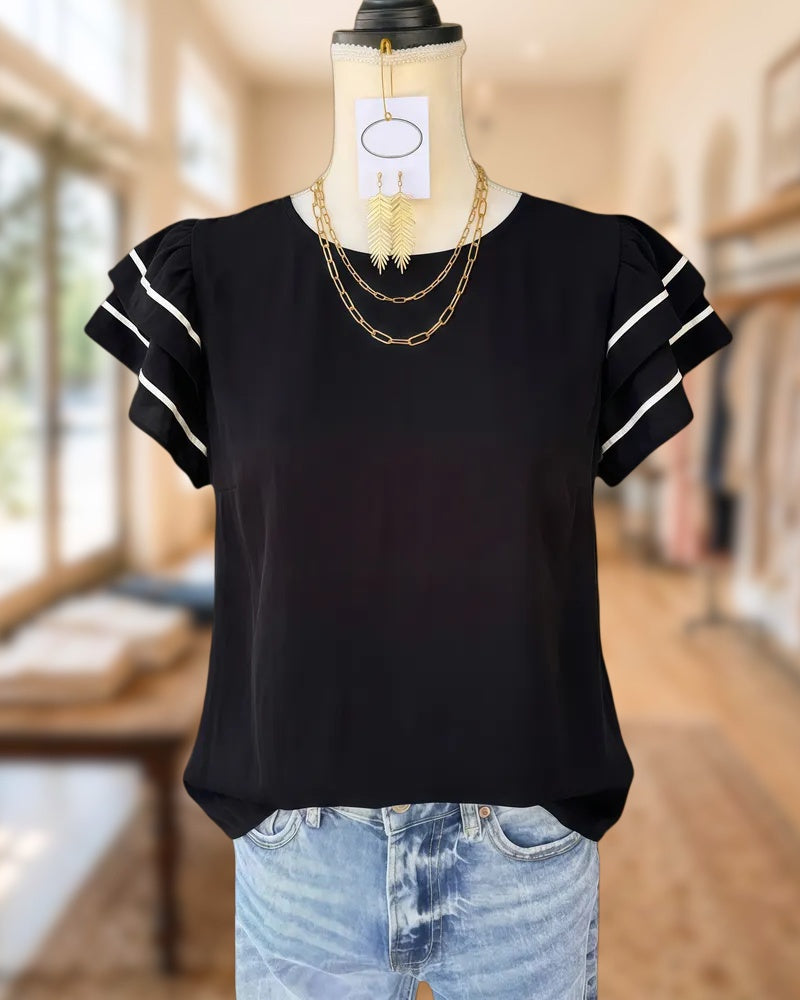 Hit Color Ruffle Sleeve Round Neck Versatile Blouse