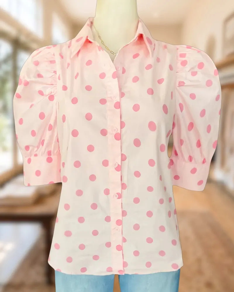Polka Dot Puff Sleeve Collared Cute Button Up Blouse