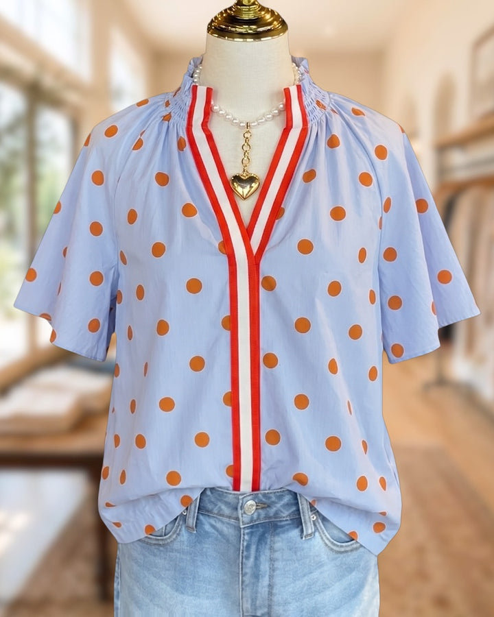 Polka Dot Contrast Trim V Neck Short Sleeve Blouse
