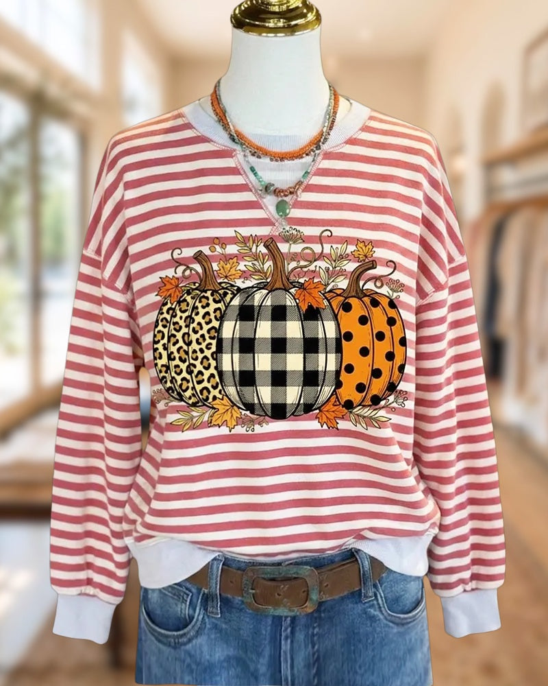 Striped Pumpkin Print Crew Neck Long Sleeve Sweatshirt