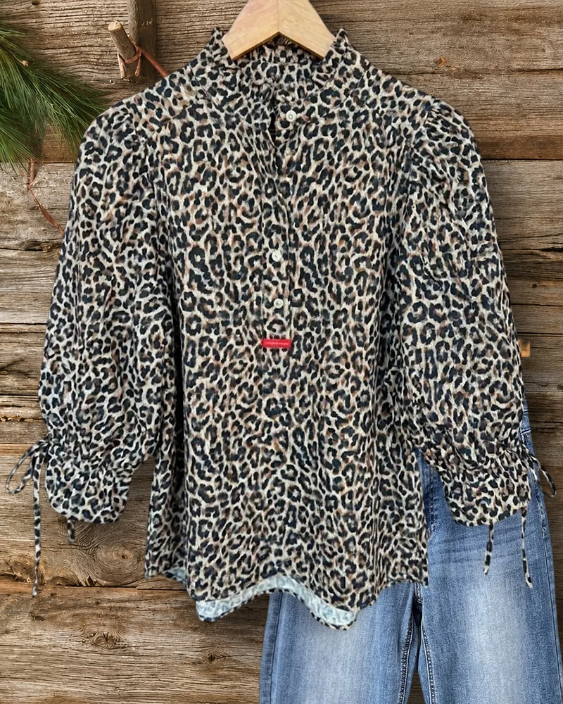Leopard Print Ruffled Neck Puff Sleeve Tie Cuff Blouse