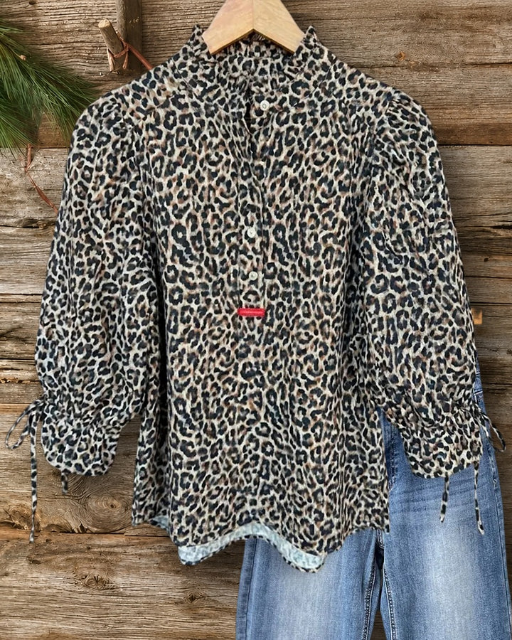 Leopard Print Ruffled Neck Puff Sleeve Tie Cuff Blouse