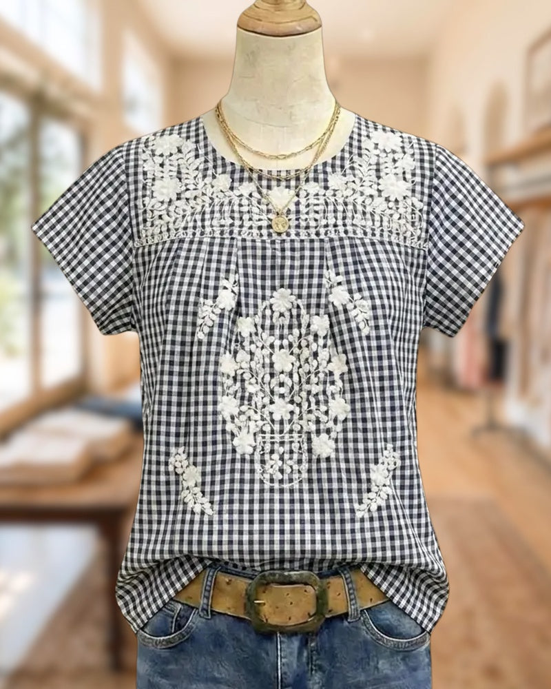 Gingham Floral Embroidery Round Neck Short Sleeve Blouse