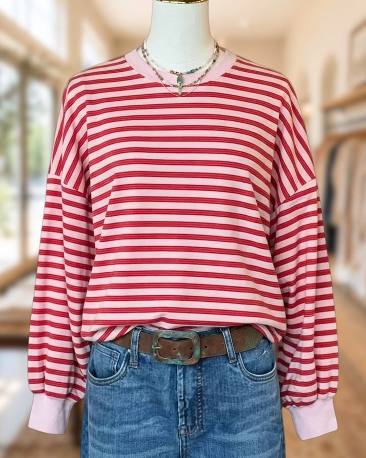 Striped Crew Neck Long Sleeve Loose Ribbed Trim Casual Top