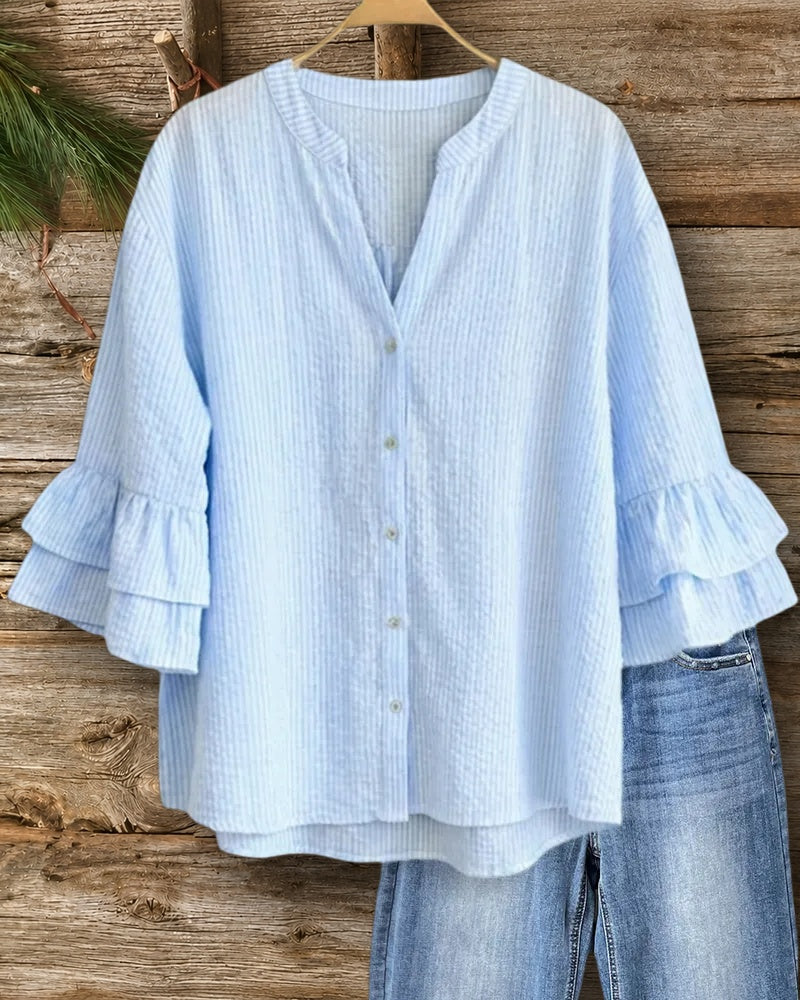 Tiered Ruffle Sleeve V Neck Button Front Casual Blouse