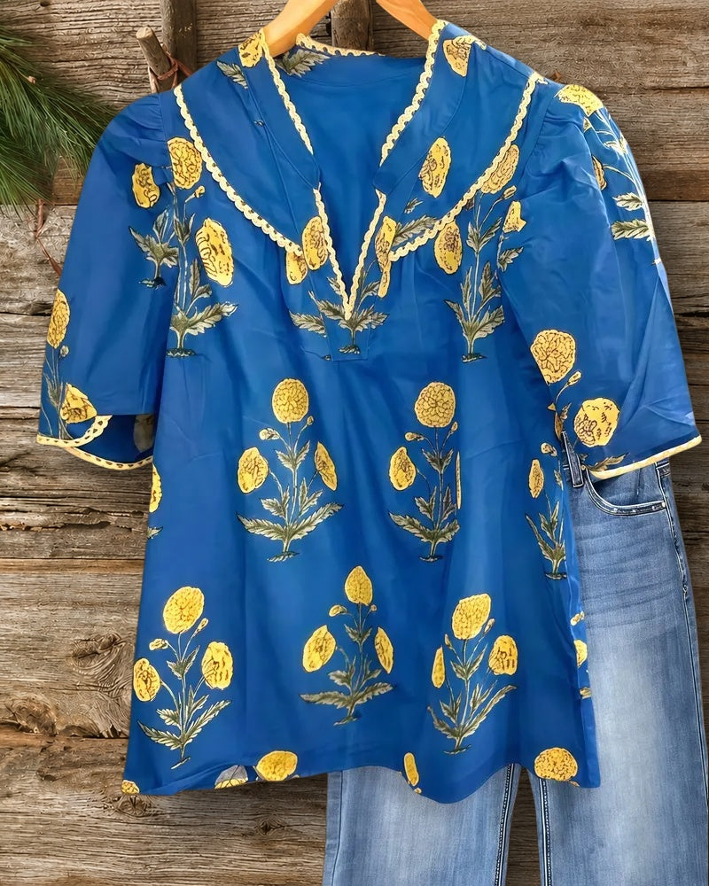 Floral Print Lace Trim V Neck Puff Sleeve Loose Blouse