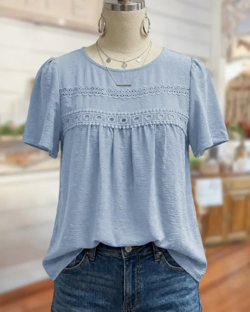 Lace Trim Swiss Dot Short Sleeve Ruched Bust Casual Blouse