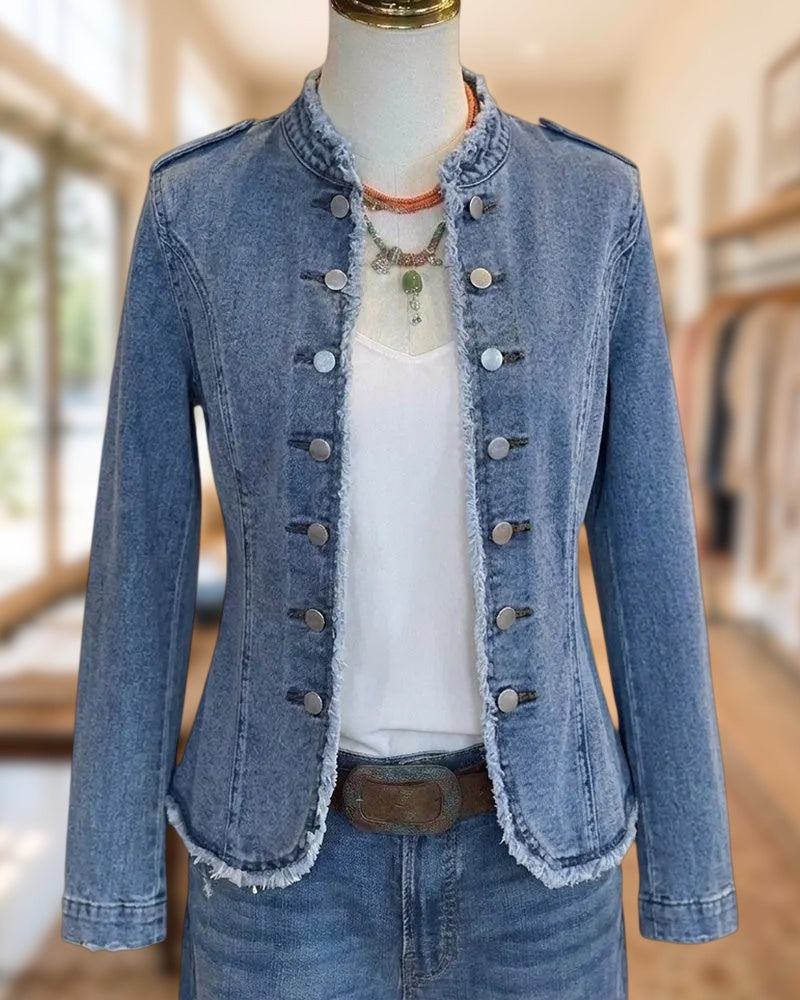 Frayed Edge Double Breasted Stand Collar Slim Fit Denim Jacket