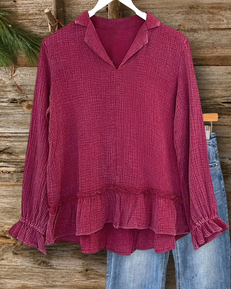 Solid Color Textured Sweet Ruffles Trim Blouse