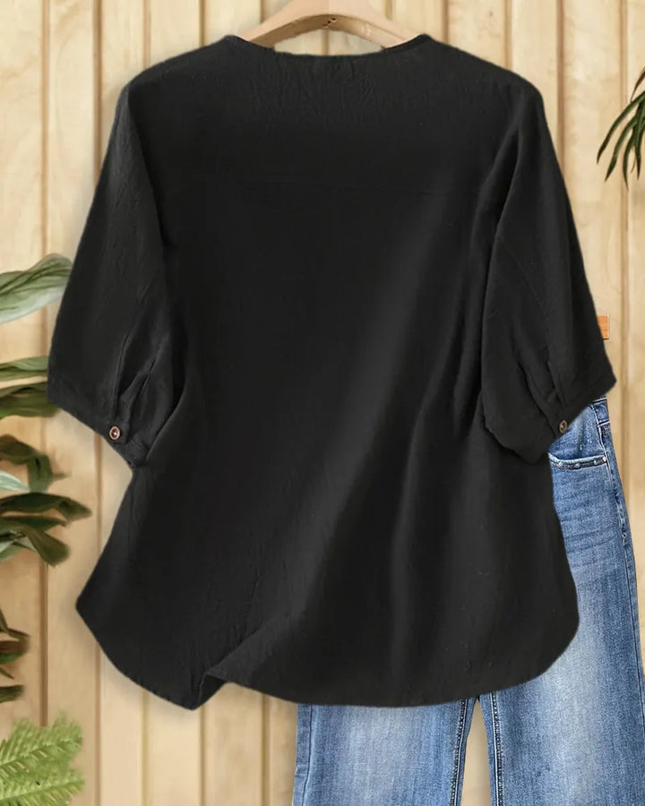 Solid Color Button Front Relaxed O Neck Blouse