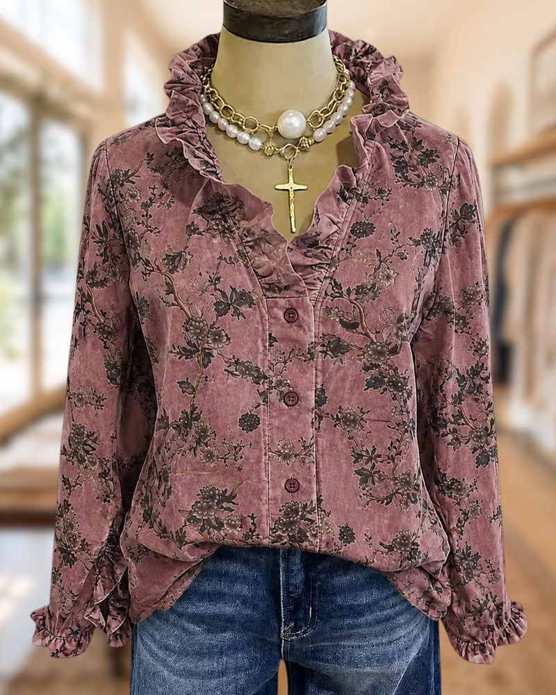 Ruffle Trim Long Sleeve V Neck Floral Print Button Front Blouse