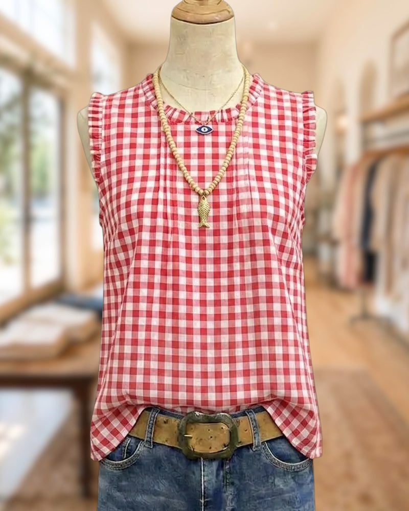 Ruffle Trim Gingham Sleeveless Round Neck Relaxed Fit Blouse