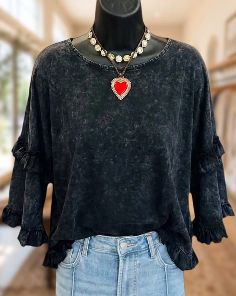 Ruffle Trim 3/4 Sleeve Round Neck Loose Casual Blouse