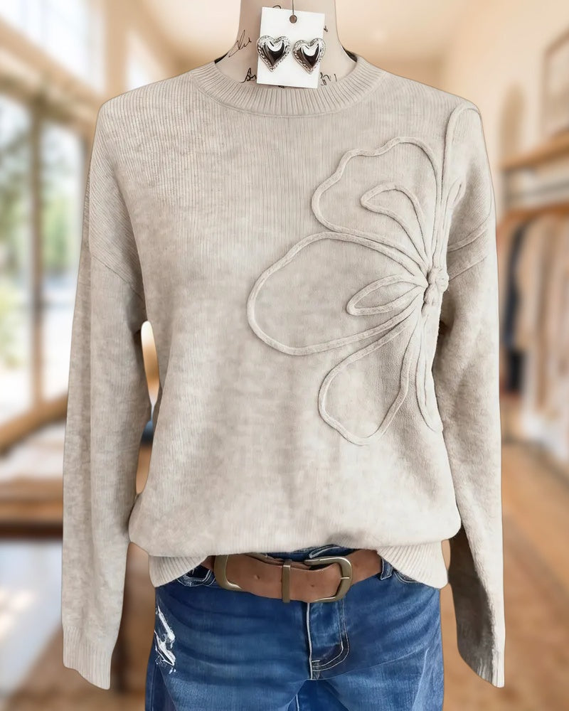 Floral Design Unusual Round Neck Drop-Shoulder Sweater