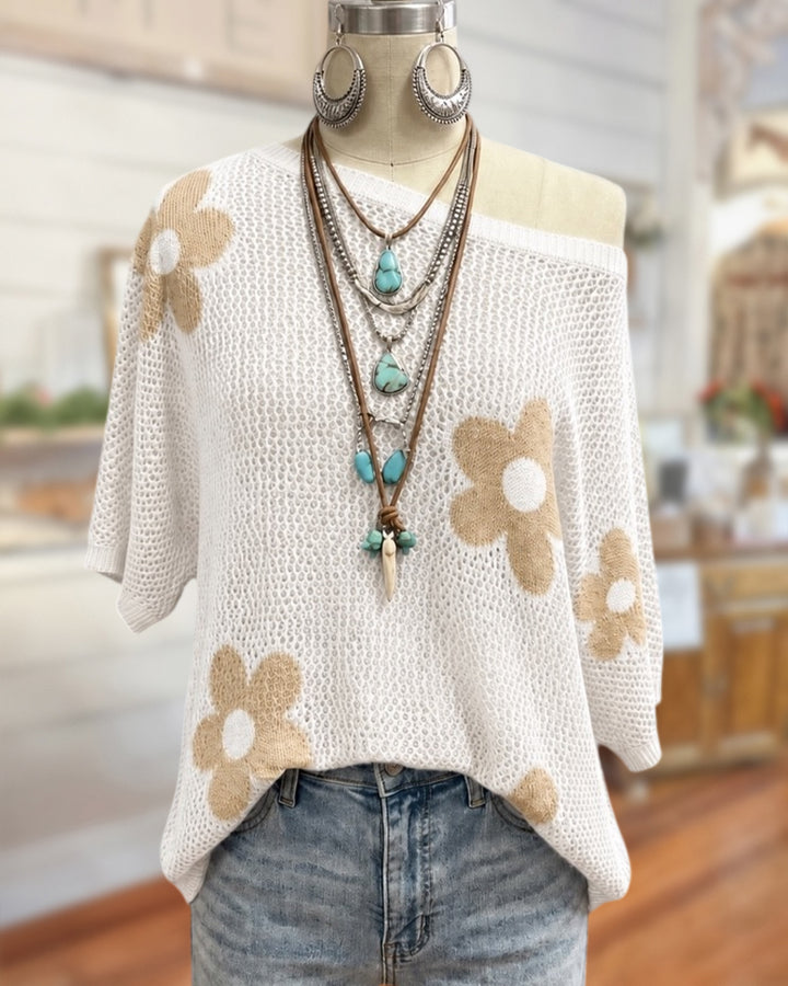 Off Shoulder Floral Pattern Hollow Knit Short Sleeve Top