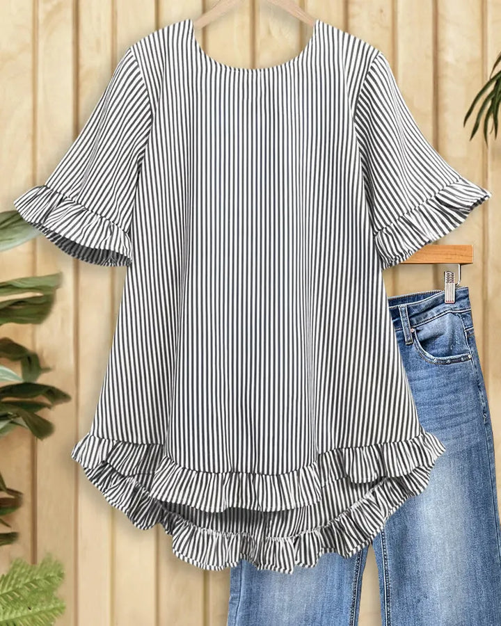 Striped Round Neck Urban Ruffled Blouse