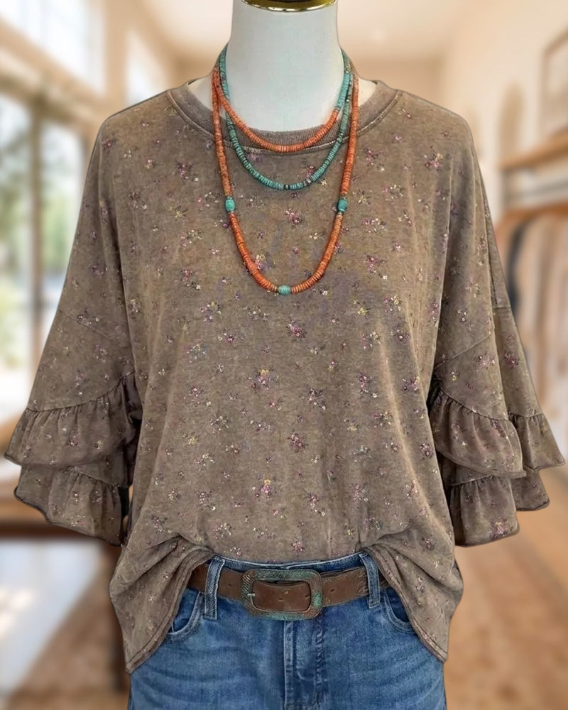Floral Print Ruffle Sleeve Boho Top
