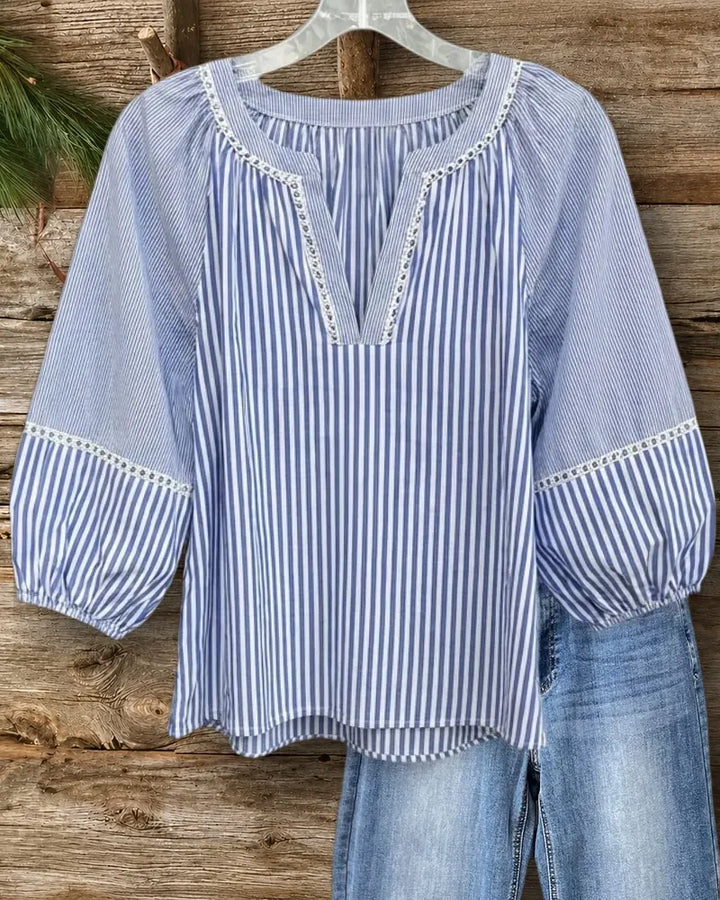 Striped Split Neck Lace Trim Puff Sleeve Relaxed Fit Blouse