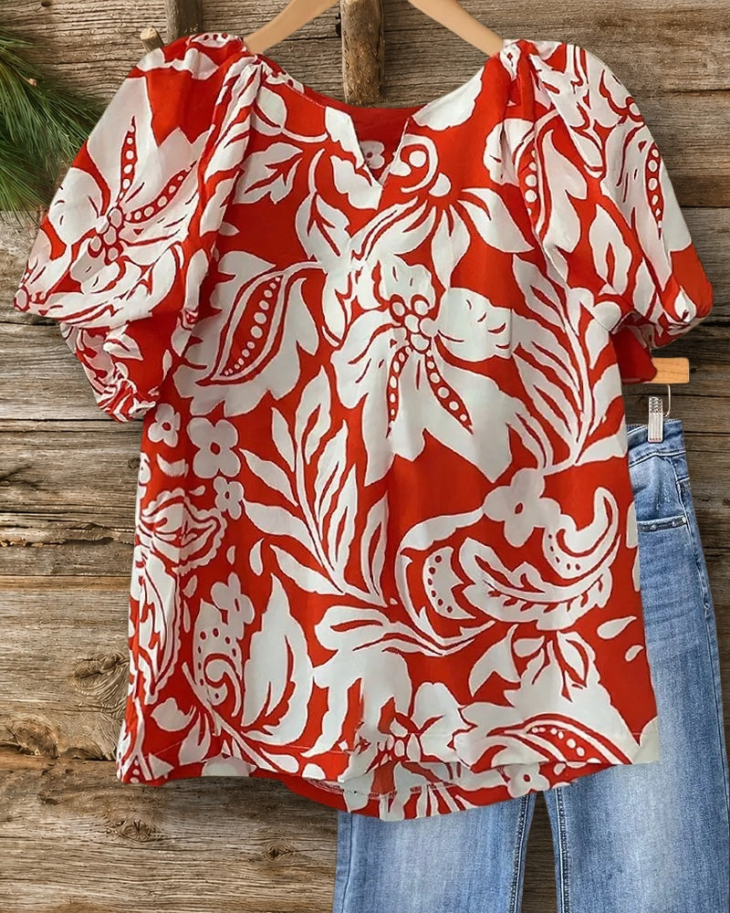 Contrasting Floral Print Undeniable Puff Sleeve T-Shirt