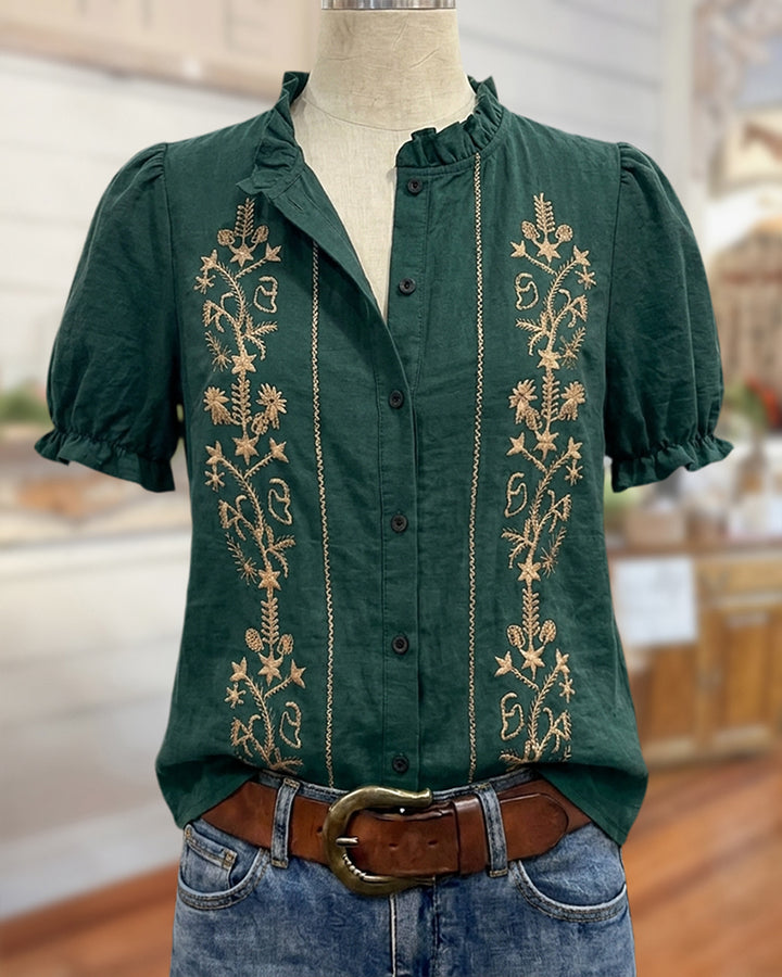 Embroidered Ruffle Collar Puff Sleeve Casual Button Down Blouse