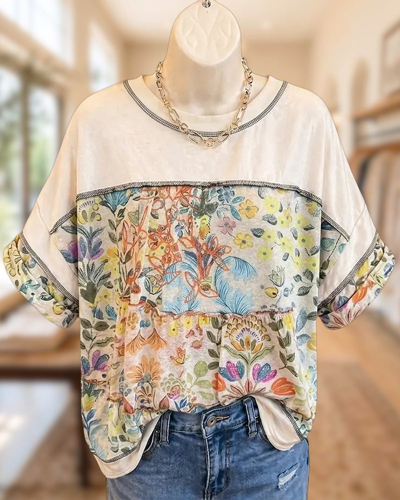 Floral Print Contrast Panel Loose Round Neck T-shirt