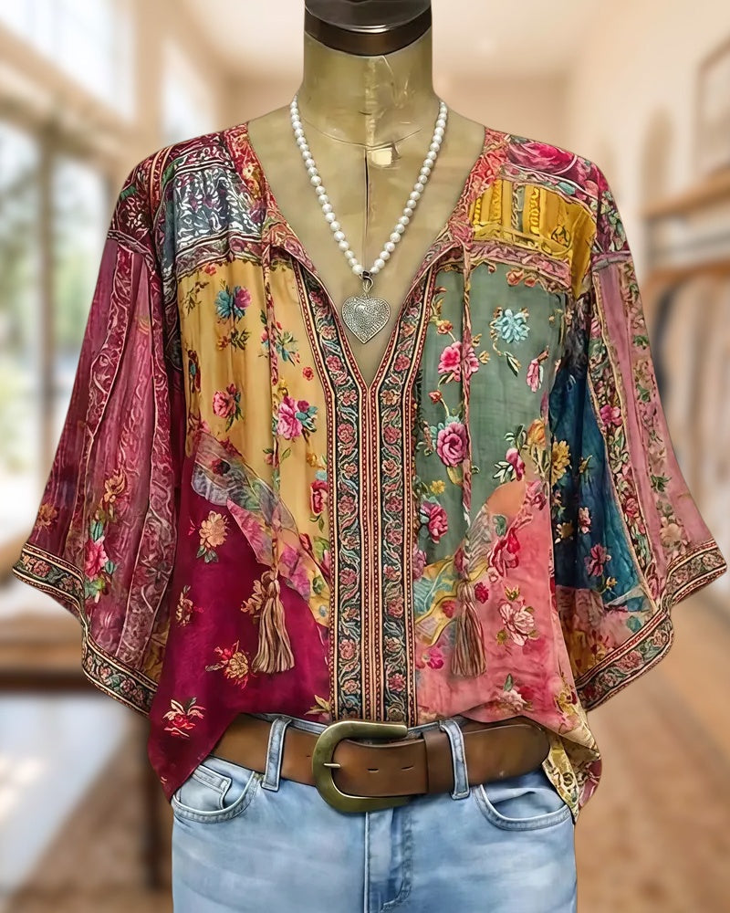 Floral Print Patchwork Feminine Tie Neck Blouse
