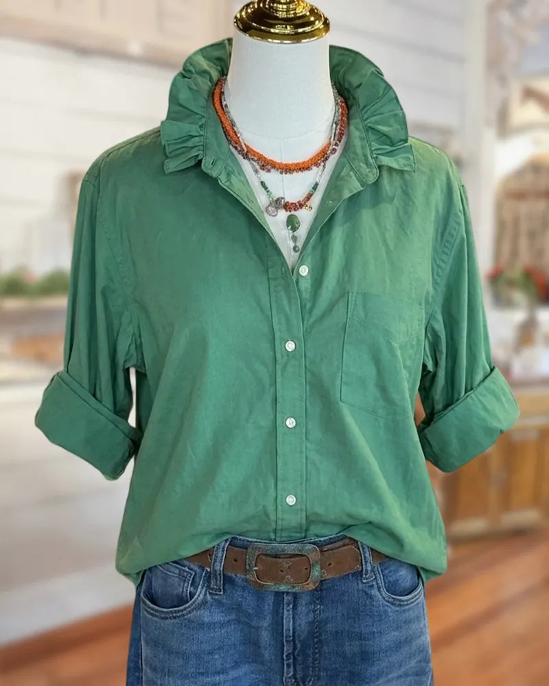 Ruffled Collar Button Down Chest Pocket Relaxed Fit Shirt