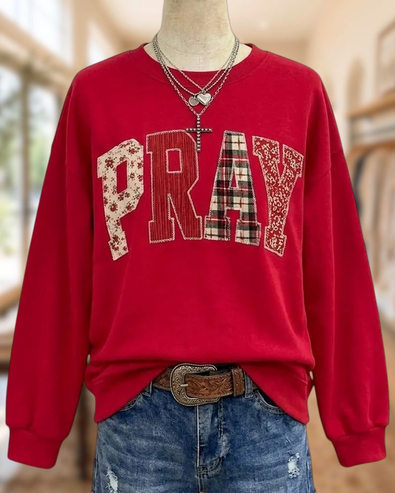 PRAY Applique Crew Neck Long Sleeve Casual Sweatshirt