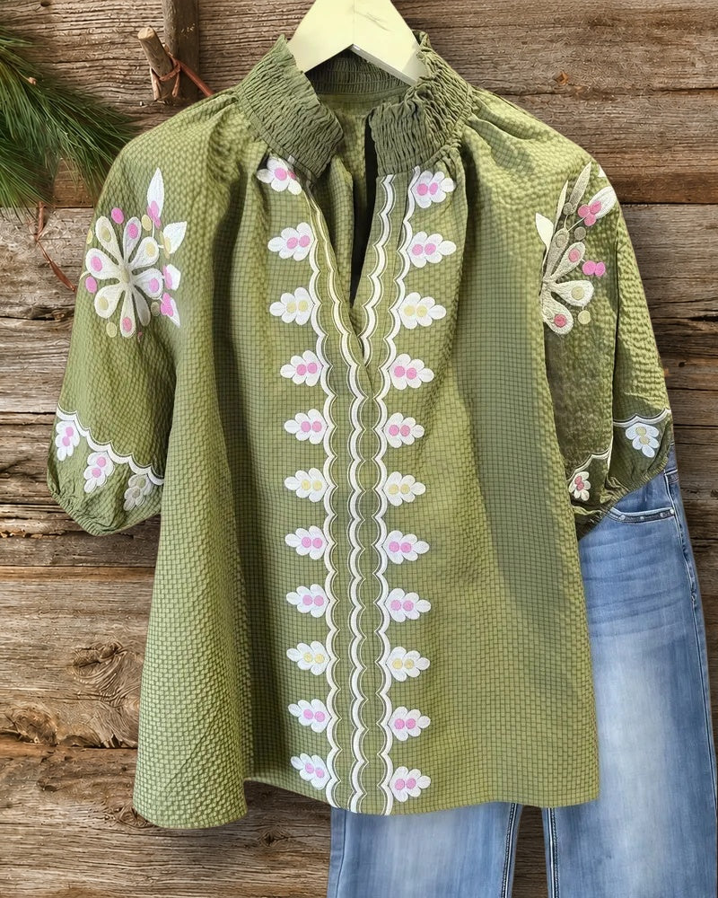 Floral Embroidery Retro Puff Sleeve T-Shirt