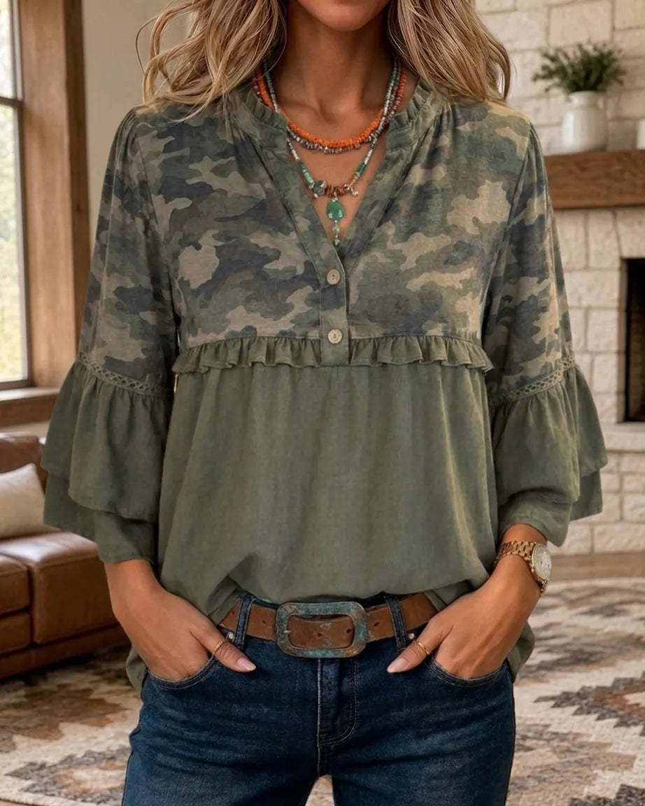 100% Cotton Camo Print Ruffle Trim Button Front Flare Sleeve Blouse