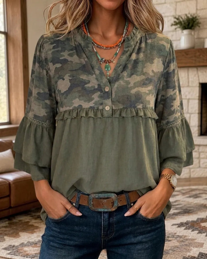 100% Cotton Camo Print Ruffle Trim Button Front Flare Sleeve Blouse
