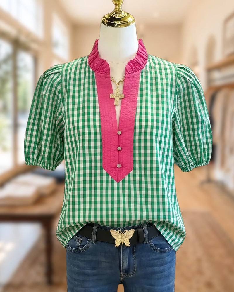 Gingham Chic Puff Sleeve V Neck Blouse