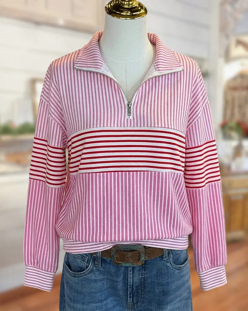 Half Zip Collared Striped Drop Shoulder Relaxed Fit Sweatshirt