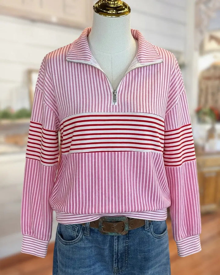 Half Zip Collared Striped Drop Shoulder Relaxed Fit Sweatshirt