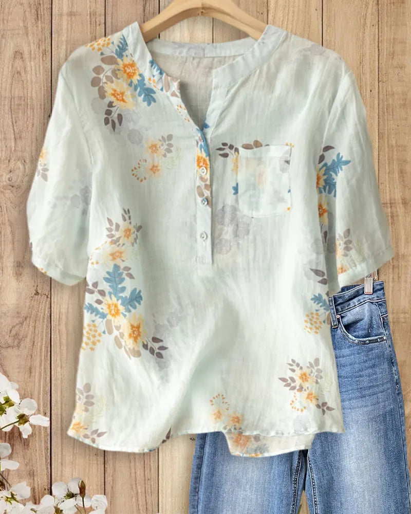Floral Print Henley Placket Short Sleeve Chest Pocket Blouse