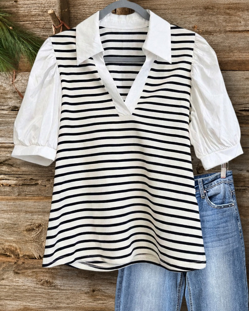 Striped Contrast Puff Sleeve Collared V Neck Casual Blouse