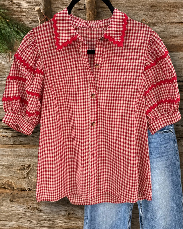 Gingham Playful Ricrac Button Down Blouse
