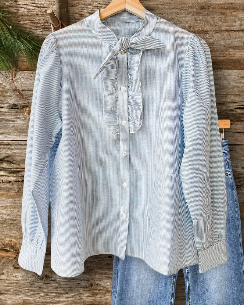 Striped Pussy Bow Button Up Stylish Blouse